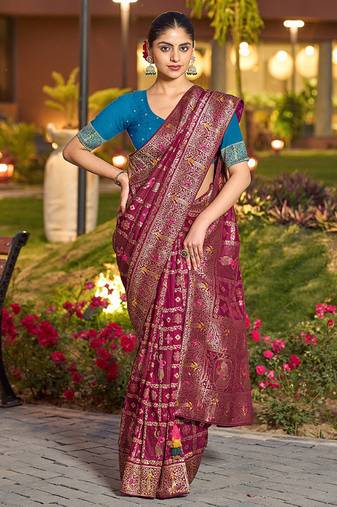Dark pink dola silk blend gharchola design rich pallu saree