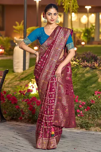 Dark pink dola silk blend gharchola design rich pallu saree