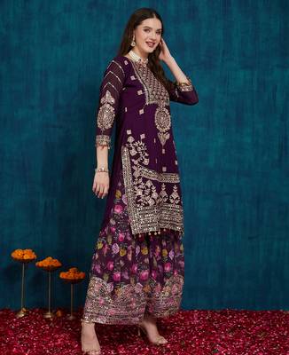 Riva enterprise women's faux georgette fabric zari sequence embroidery work kurtaset with dupatta 3