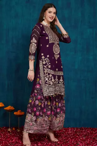 Riva enterprise women's faux georgette fabric zari sequence embroidery work kurtaset with dupatta