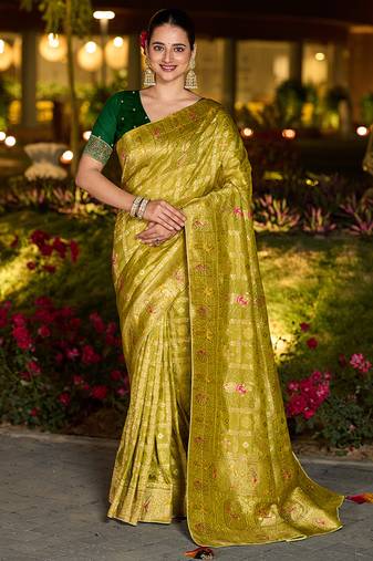 Parrot green dola silk blend gharchola design rich pallu saree
