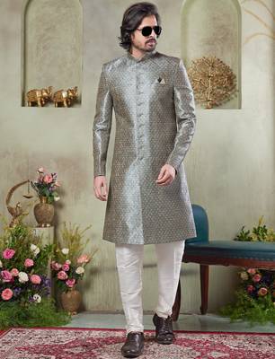 grey sherwani set with print on computer thread work fabric art silk and faux satin 1