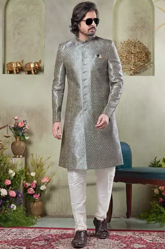 Grey sherwani set with print on computer thread work fabric art silk and faux satin