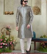 Grey sherwani set with print on computer thread work fabric art silk and faux satin