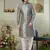grey sherwani set with print on computer thread work fabric art silk and faux satin