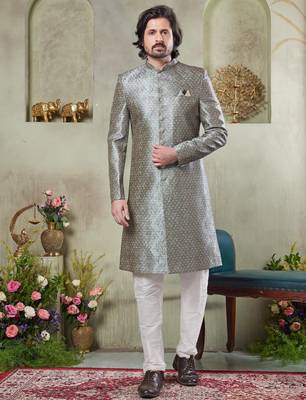 grey sherwani set with print on computer thread work fabric art silk and faux satin 2