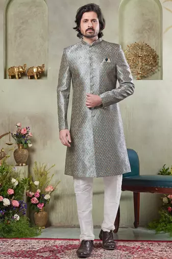 grey sherwani set with print on computer thread work fabric art silk and faux satin