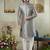 Grey sherwani set with print on computer thread work fabric art silk and faux satin