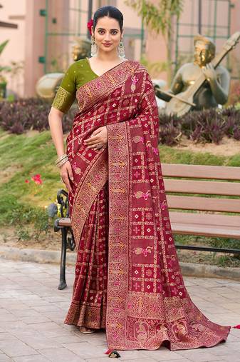 Maroon dola silk blend gharchola design rich pallu saree
