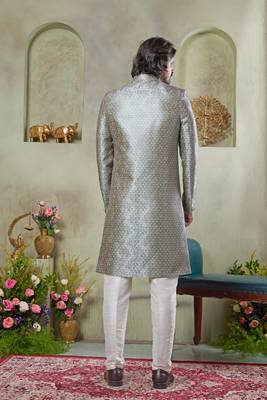 grey sherwani set with print on computer thread work fabric art silk and faux satin 3