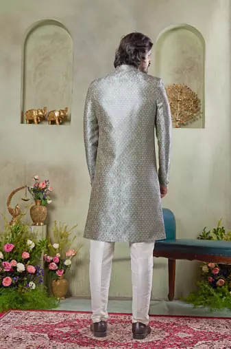 grey sherwani set with print on computer thread work fabric art silk and faux satin