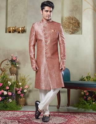 men's pink  sherwani set with print on computer thread work fabric art silk and faux satin 1