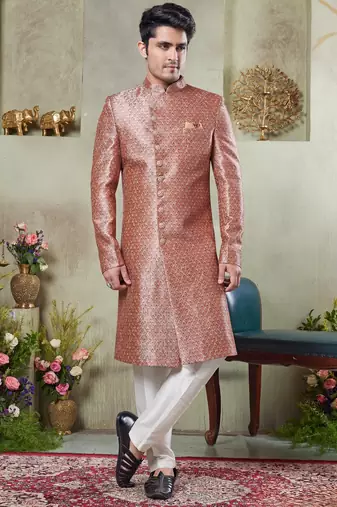 Men's pink  sherwani set with print on computer thread work fabric art silk and faux satin