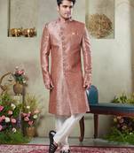 Men's pink  sherwani set with print on computer thread work fabric art silk and faux satin