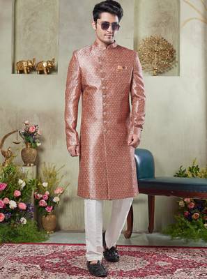 men's pink  sherwani set with print on computer thread work fabric art silk and faux satin 2