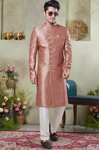 men's pink  sherwani set with print on computer thread work fabric art silk and faux satin
