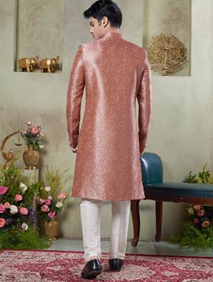 men's pink  sherwani set with print on computer thread work fabric art silk and faux satin 3