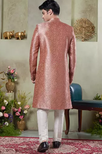 men's pink  sherwani set with print on computer thread work fabric art silk and faux satin
