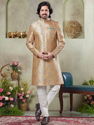 men's gold  sherwani set with print on computer thread work fabric art silk and faux satin 1