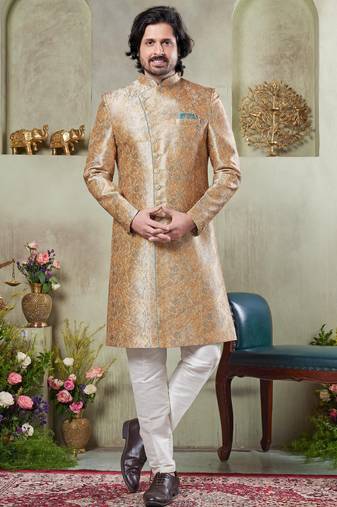 Men's gold  sherwani set with print on computer thread work fabric art silk and faux satin