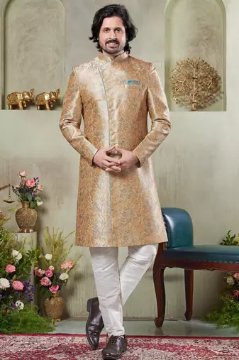 Men's gold  sherwani set with print on computer thread work fabric art silk and faux satin
