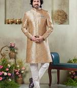 Men's gold  sherwani set with print on computer thread work fabric art silk and faux satin