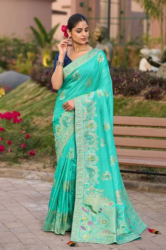 Dola silk blend meenakari weave work saree in turquoise