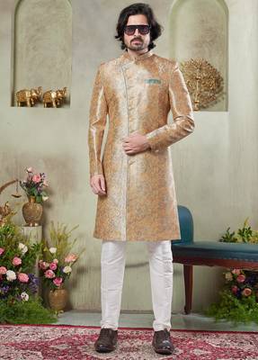 men's gold  sherwani set with print on computer thread work fabric art silk and faux satin 2