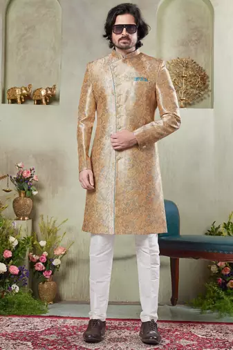 men's gold  sherwani set with print on computer thread work fabric art silk and faux satin