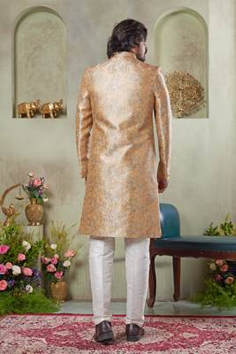 men's gold  sherwani set with print on computer thread work fabric art silk and faux satin 3