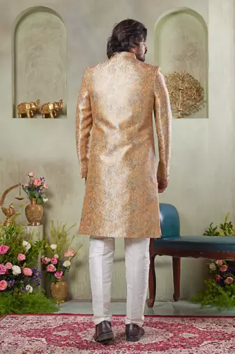 men's gold  sherwani set with print on computer thread work fabric art silk and faux satin
