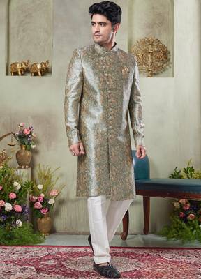 men's green  sherwani set with print on computer thread work fabric art silk and faux satin 1
