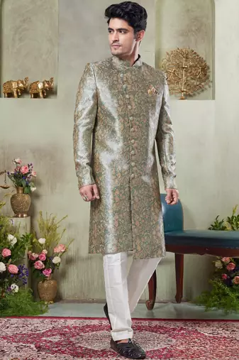 Men's green  sherwani set with print on computer thread work fabric art silk and faux satin