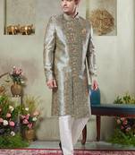 Men's green  sherwani set with print on computer thread work fabric art silk and faux satin