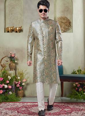 men's green  sherwani set with print on computer thread work fabric art silk and faux satin 2