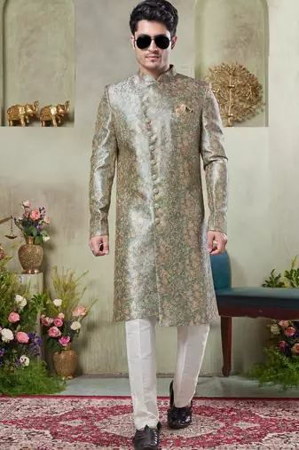 men's green  sherwani set with print on computer thread work fabric art silk and faux satin