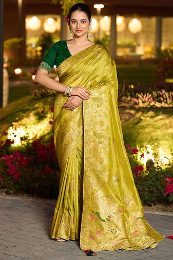 Dola silk blend meenakari weave work saree in paroot green