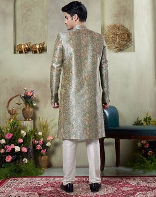 men's green  sherwani set with print on computer thread work fabric art silk and faux satin 3