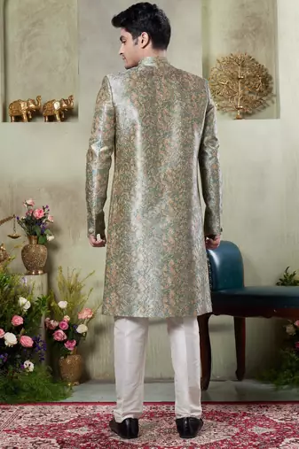 men's green  sherwani set with print on computer thread work fabric art silk and faux satin