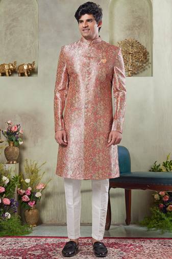 Men's pink  sherwani set with print on computer thread work fabric art silk and faux satin