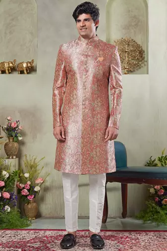Men's pink  sherwani set with print on computer thread work fabric art silk and faux satin