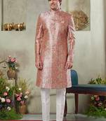 Men's pink  sherwani set with print on computer thread work fabric art silk and faux satin