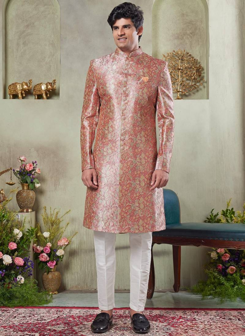 Men's pink  sherwani set with print on computer thread work fabric art silk and faux satin