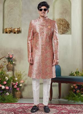men's pink  sherwani set with print on computer thread work fabric art silk and faux satin 2