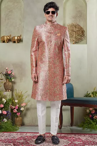 men's pink  sherwani set with print on computer thread work fabric art silk and faux satin