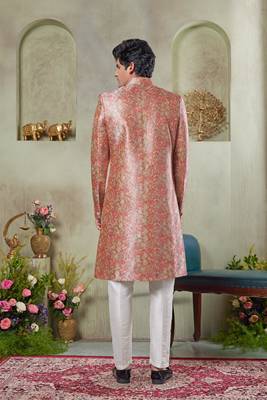 men's pink  sherwani set with print on computer thread work fabric art silk and faux satin 3
