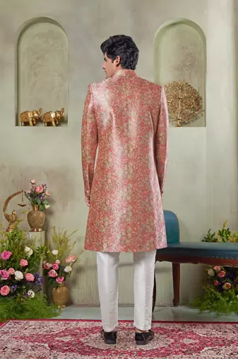 men's pink  sherwani set with print on computer thread work fabric art silk and faux satin