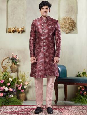 men's maroon  sherwani set with print on computer thread work fabric art silk and faux satin 1