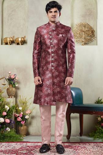 Men's maroon  sherwani set with print on computer thread work fabric art silk and faux satin