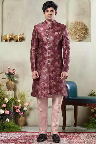 Men's maroon  sherwani set with print on computer thread work fabric art silk and faux satin